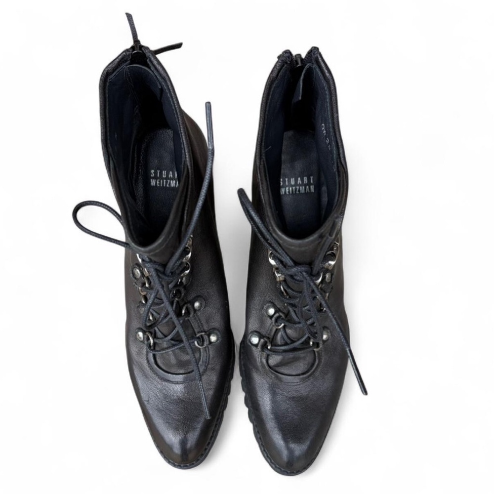 Stuart Weitzman Black Leather Heeled Lace Up Combat Ankle Boot Size 8 - Picture 3 of 8